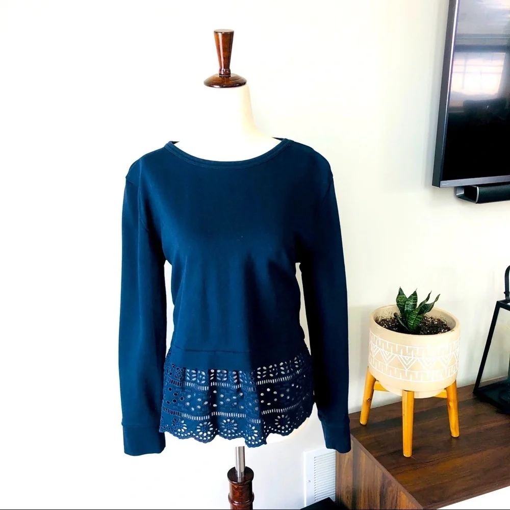 J. Crew Eyelet Drop Hem Crew Neck Terry Sweatshirt - Navy